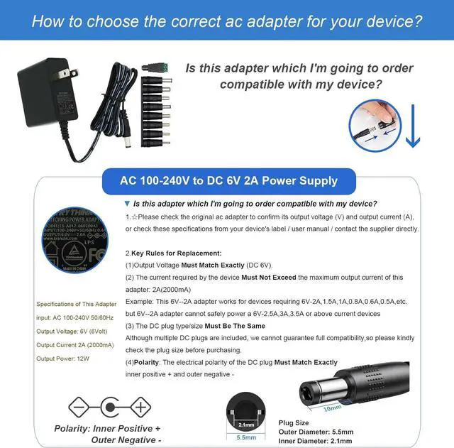 Alt view image 7 of 7 - AC Adapter 6V 2A Power Supply with 9 DC Plug Tips 12W Universal AC110V to DC6V 2000mA 1500mA 1000mA 500mA Power Driver for Sensor Trash Cans Elliptical Monitor and More DC 6V Devices(1 Pack)