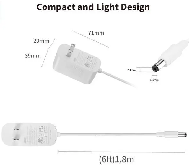Alt view image 2 of 7 - 36W 12V 3A/3000mA Power Supply Adapter 6ft Cord DC Power Cable to 110-240V AC Adapter UL/CE/FCC Certified 5.5mmx2.1mm DC Plug with LED Terminal Connector for LED Strip Light CCTV Camera(White)