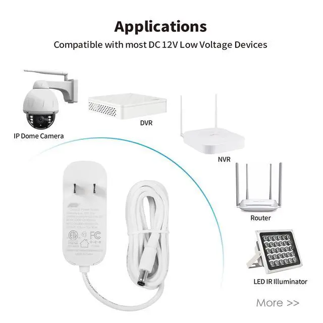 Alt view image 3 of 7 - 36W 12V 3A/3000mA Power Supply Adapter 6ft Cord DC Power Cable to 110-240V AC Adapter UL/CE/FCC Certified 5.5mmx2.1mm DC Plug with LED Terminal Connector for LED Strip Light CCTV Camera(White)