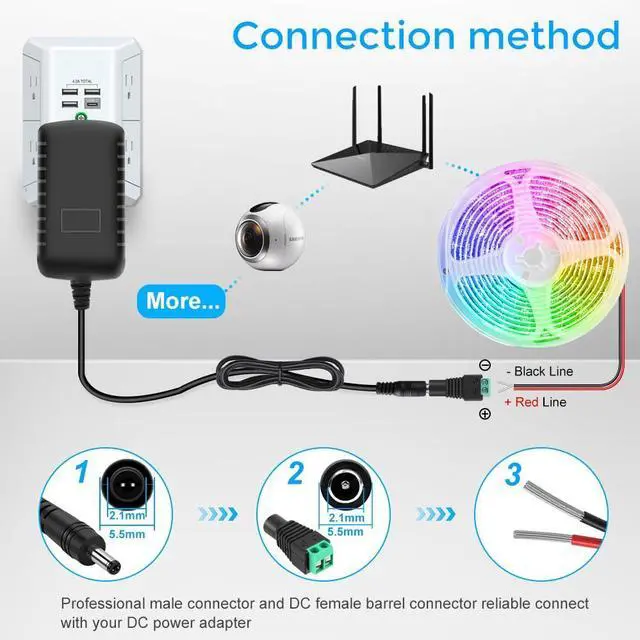 Alt view image 6 of 7 - 12V Power Supply 12 Volt 3A 36W DC Power Supply Black LED Power Adapter AC 110V to 12V Wall Mounted Transformer Plug for LED Strip Lights with 5.5/2.1 DC Female Connector