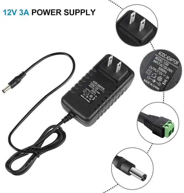 Alt view image 5 of 7 - 12V Power Supply 12 Volt 3A 36W DC Power Supply Black LED Power Adapter AC 110V to 12V Wall Mounted Transformer Plug for LED Strip Lights with 5.5/2.1 DC Female Connector