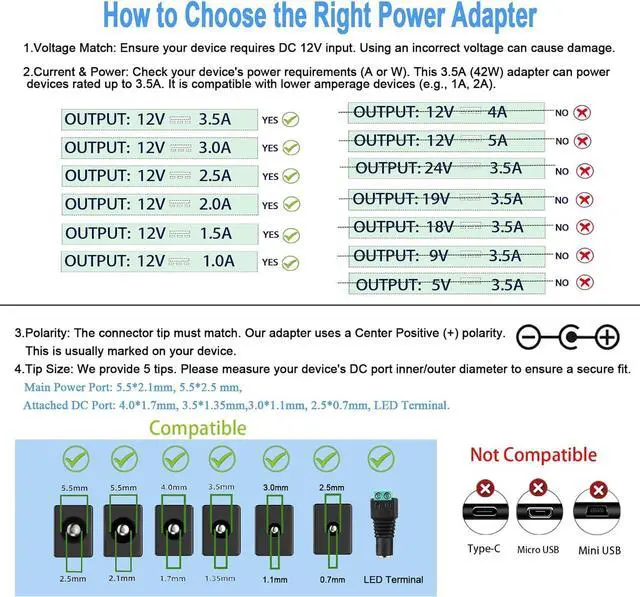 Alt view image 4 of 7 - 12V 3.5A Power Supply Adapter AC 100-240V to DC 12V 3.5A Converter 42W Universal Power Adapter with 5 Tips for LED Strip Light CCTV Camera LCD Monitor Router.