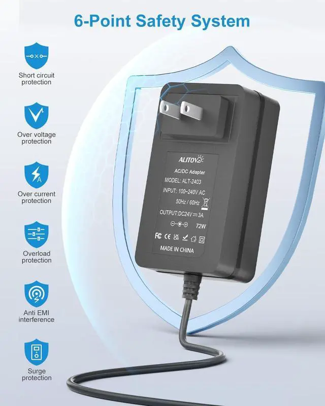 Alt view image 7 of 7 - 24V 3A Power Supply 72W AC Adapter Power Cord 100-240V 50-60Hz to DC 24 Volt 3 Amp Transformer 2A 1A Converter with 5.5x2.1mm DC Barrel for LED Strip Module Light CCTV Camera System 6.2FT