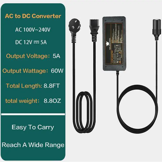 Alt view image 3 of 6 - AC to DC Converter 110V to 12V 5A 60W Car Cigarette Lighter Adapter - Wall Plug Outlet Female Socket Converter - 110/120 to 12 Volt AC/DC Adapter Power Supply