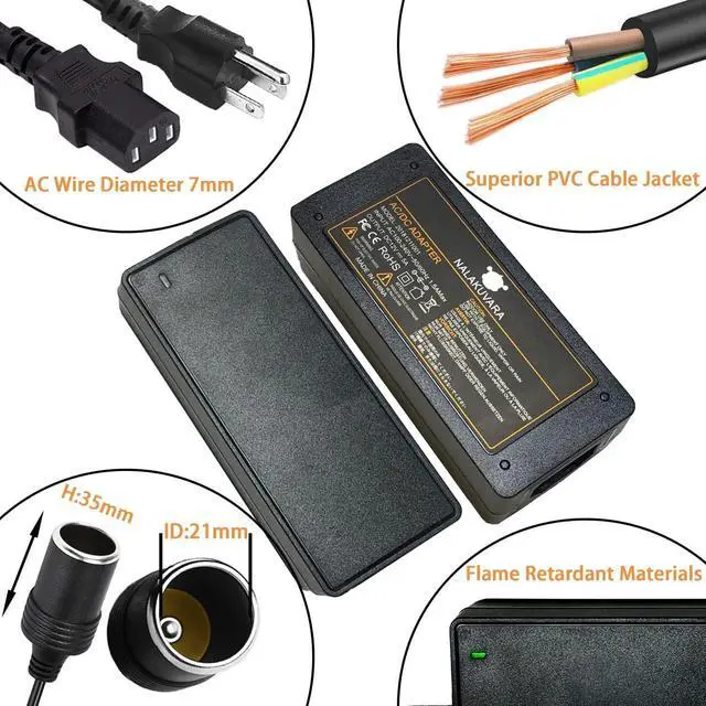 Alt view image 4 of 6 - AC to DC Converter 110V to 12V 5A 60W Car Cigarette Lighter Adapter - Wall Plug Outlet Female Socket Converter - 110/120 to 12 Volt AC/DC Adapter Power Supply