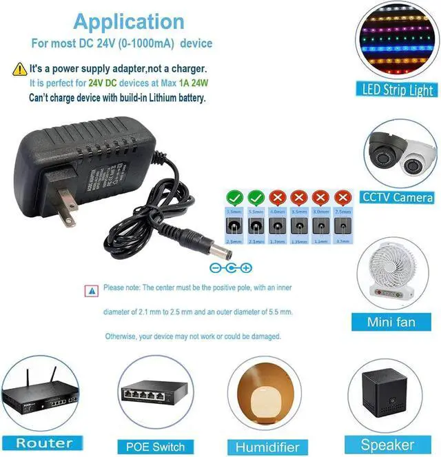Alt view image 7 of 7 - DC 24V 1A Power Supply Adapter 24W AC Adapter 100-240V 50-60Hz to DC 24 Volts 1Amp 4.6ft Power Cord Transformer with 5.5mm X 2.5mm/2.1mm US Plug for DC24V 1A LED Strip Light CCTV Camera