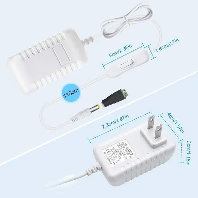 Alt view image 2 of 7 - 12V Power Supply 12 Volt 2A 24W DC Power Supply with On Off Switch White Switching LED Power Adapter AC 110V to 12V Transformer Plug for LED Strip Lights with 5.5/2.1 DC Female Connector 3 Pack