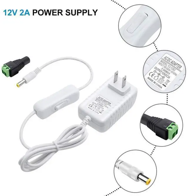 Alt view image 4 of 7 - 12V Power Supply 12 Volt 2A 24W DC Power Supply with On Off Switch White Switching LED Power Adapter AC 110V to 12V Transformer Plug for LED Strip Lights with 5.5/2.1 DC Female Connector 3 Pack