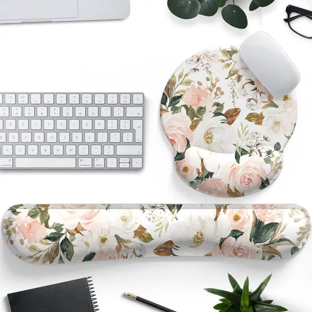 Main image of Pink Flower Desktop Mat Aesthetic Wrist Support Keyboard Mouse Wrist Rest Set Computer Office Comfortable Wrist Rest for Mouse Easy Typing & Pain Relief Ergonomic Computer Mouse Pad with Pu Base.
