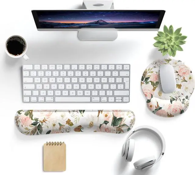 Alt view image 2 of 6 - Pink Flower Desktop Mat Aesthetic Wrist Support Keyboard Mouse Wrist Rest Set Computer Office Comfortable Wrist Rest for Mouse Easy Typing & Pain Relief Ergonomic Computer Mouse Pad with Pu Base.