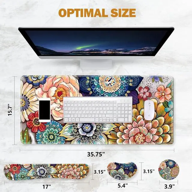 Alt view image 2 of 7 - Extended Gaming Mouse Pad Memory Foam Ergonomic Keyboard Mouse Wrist Rest Support Set Large Desk Mat with Stitched Edges Non-Slip Base Mousepad for Home Office Game Colorful Flower