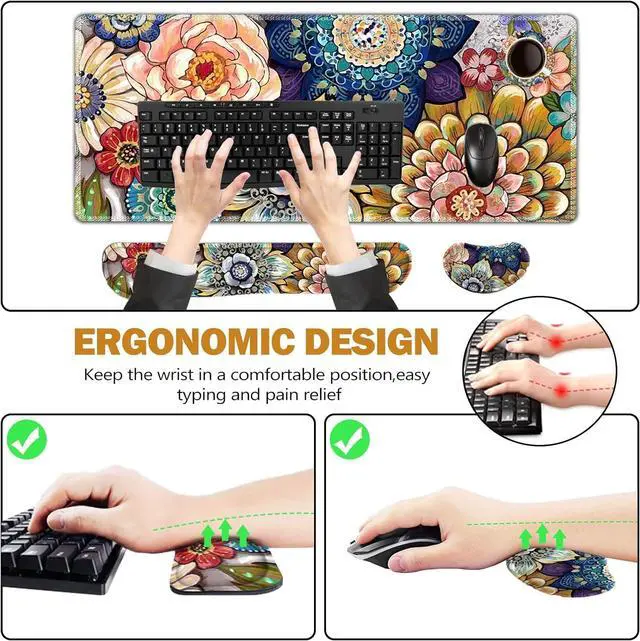 Alt view image 4 of 7 - Extended Gaming Mouse Pad Memory Foam Ergonomic Keyboard Mouse Wrist Rest Support Set Large Desk Mat with Stitched Edges Non-Slip Base Mousepad for Home Office Game Colorful Flower