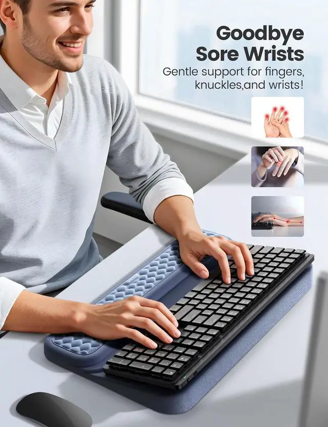 Alt view image 2 of 7 - Wrist Rest with Keyboard Stand Computer Wrist Support Pad Ergonomic Keyboard Riser Holder Lift Tray with Wrist Pad Soft Memory Foam Desk Cushion Palm Hand Typing for Office Home Gift-Blue