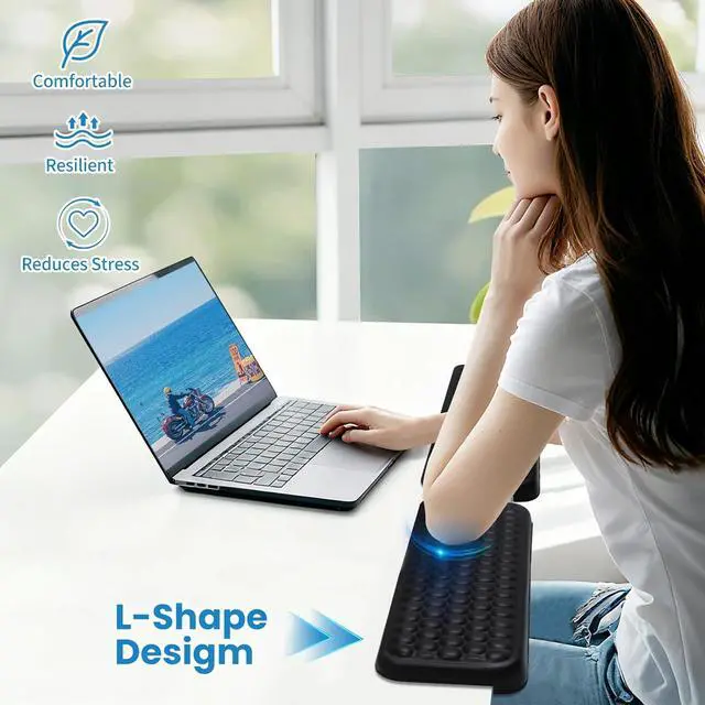 Alt view image 6 of 6 - L-Shaped Desk Elbow Pad for Desk 2-Piece Ergonomic Desk Edge Cushion PU Leather Elbow Support Padding with Non-Slip Wrist Comfort Support for Office Home Office Desk Accessories