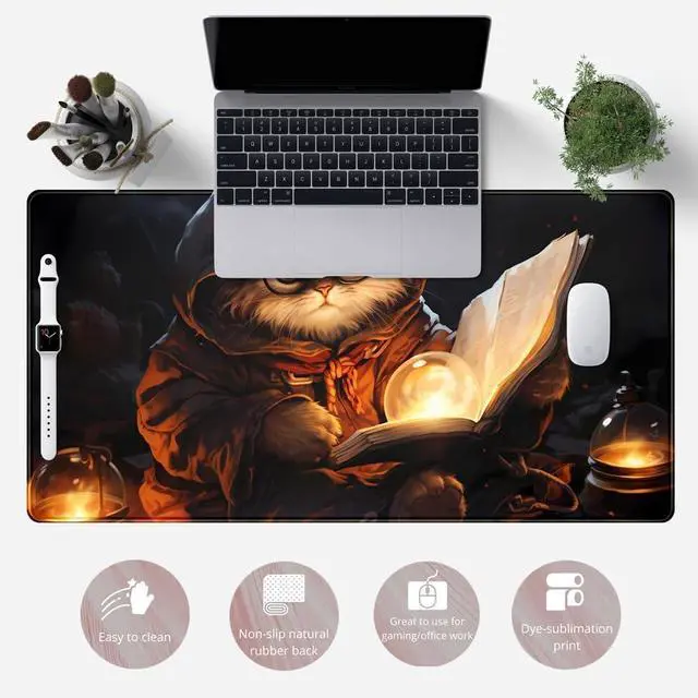 Alt view image 6 of 7 - Magical Cat Desk Mouse Mat Black Vintage Desk Pad Playmat for MTG Large Mousepad Gaming Deskpad XXL Keyboard Mouse Pad Full Desktop Mat Desk Cover Mat for Work Office Home (31.5x15.7 in)