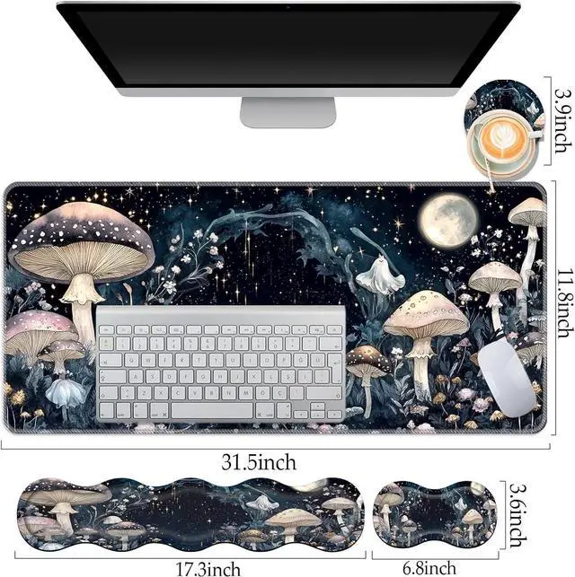 Alt view image 3 of 7 - Keyboard Wrist Rest and Mouse Pad Set 31.5x11.8 Inches Desk Mat Waterproof Non-Slip Ergonomic Wrist Support for Pain Relief Extended Desk Protector for Office Home Gaming Mushroom Galaxy