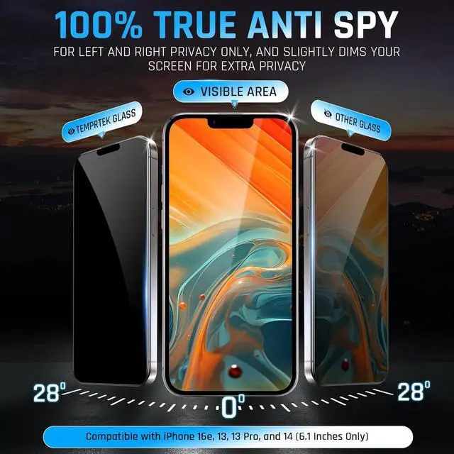 Alt view image 2 of 7 - + 2 Pack for iPhone 16e/13/13 Pro/14 Privacy Screen Protector Privacy 9H Military Grade Scratch Fingerprint Resistance Anti-Glare Shatterproof Tempered Glass Anti-Spy Easy Installation Bubble Free