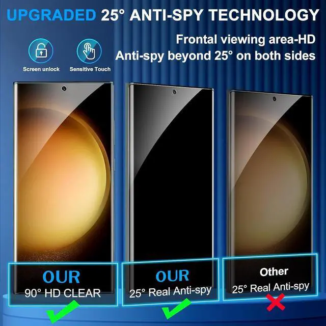 Alt view image 3 of 7 - [2+2 Pack] Glass Privacy Screen Protector for  Galaxy S23 Ultra 5G 9H Tempered Glass Ultrasonic Fingerprint Compatible HD Clear Anti-Spy Film for Galaxy S23 Ultra Glass Screen Protector