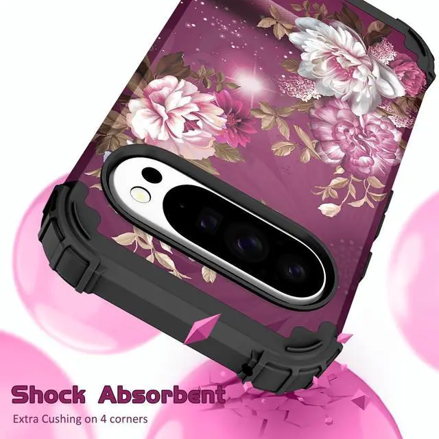 Alt view image 4 of 7 - for Google Pixel 10 Case Shockproof Heavy Duty Protection Hard Plastic+Silicone Rubber Bumper Hybrid Protective Case for Google Pixel 10/10 Pro 6.3 2025 - Royal Purple Flowers