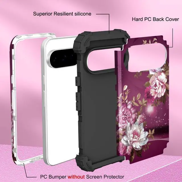 Alt view image 5 of 7 - for Google Pixel 10 Case Shockproof Heavy Duty Protection Hard Plastic+Silicone Rubber Bumper Hybrid Protective Case for Google Pixel 10/10 Pro 6.3 2025 - Royal Purple Flowers