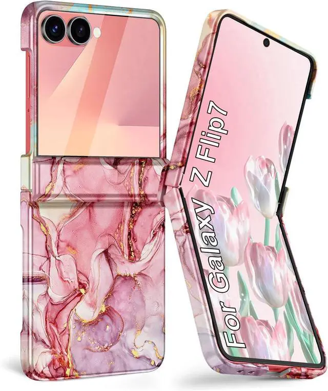 Main image of for  Galaxy Z Flip 7 Case Built in Front Screen Protector Gold Glitter Marble Pattern Hard PC Slim Shockproof Full Body Drop Protective Case for Galaxy Z Flip 7 5G (2025) Rose Gold