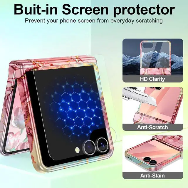 Alt view image 2 of 7 - for  Galaxy Z Flip 7 Case Built in Front Screen Protector Gold Glitter Marble Pattern Hard PC Slim Shockproof Full Body Drop Protective Case for Galaxy Z Flip 7 5G (2025) Rose Gold