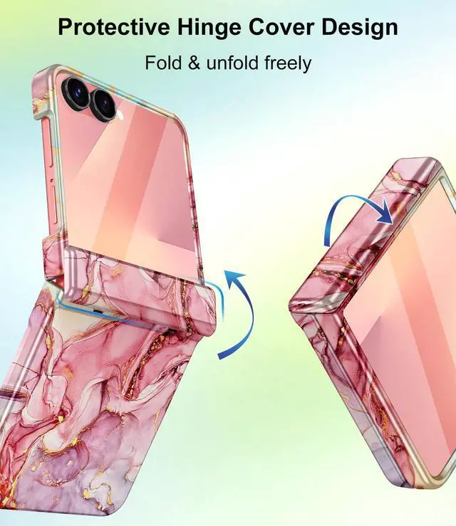 Alt view image 3 of 7 - for  Galaxy Z Flip 7 Case Built in Front Screen Protector Gold Glitter Marble Pattern Hard PC Slim Shockproof Full Body Drop Protective Case for Galaxy Z Flip 7 5G (2025) Rose Gold