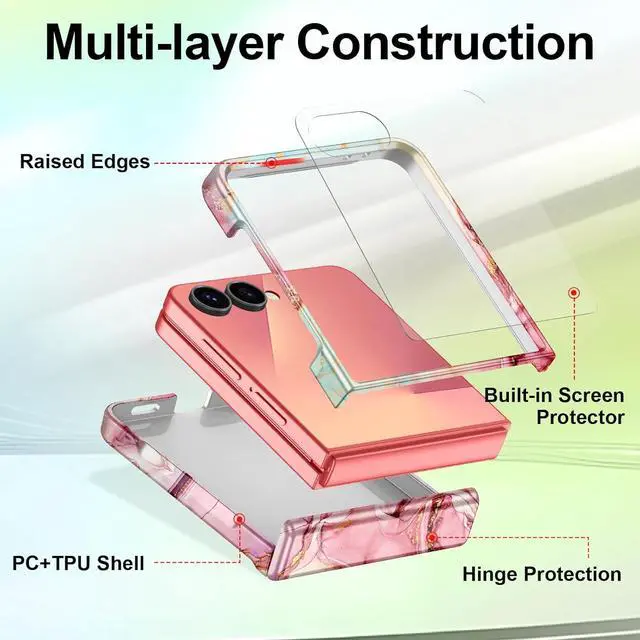 Alt view image 4 of 7 - for  Galaxy Z Flip 7 Case Built in Front Screen Protector Gold Glitter Marble Pattern Hard PC Slim Shockproof Full Body Drop Protective Case for Galaxy Z Flip 7 5G (2025) Rose Gold