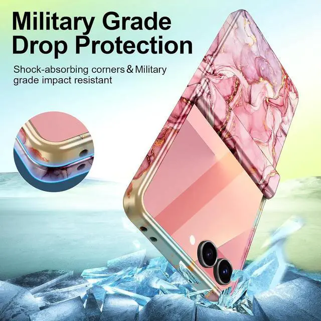 Alt view image 6 of 7 - for  Galaxy Z Flip 7 Case Built in Front Screen Protector Gold Glitter Marble Pattern Hard PC Slim Shockproof Full Body Drop Protective Case for Galaxy Z Flip 7 5G (2025) Rose Gold