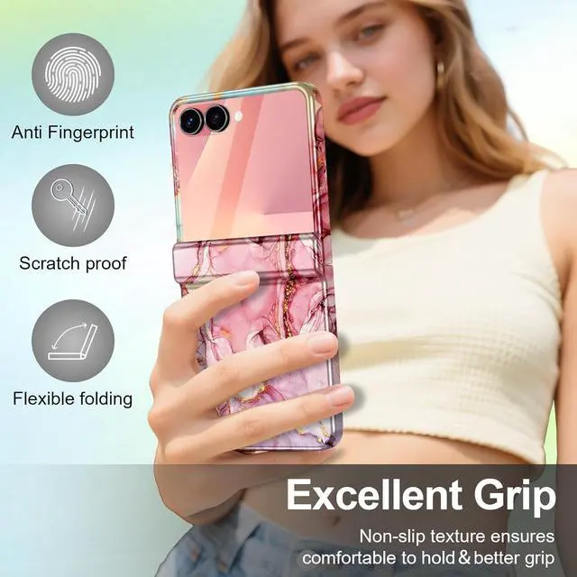 Alt view image 7 of 7 - for  Galaxy Z Flip 7 Case Built in Front Screen Protector Gold Glitter Marble Pattern Hard PC Slim Shockproof Full Body Drop Protective Case for Galaxy Z Flip 7 5G (2025) Rose Gold