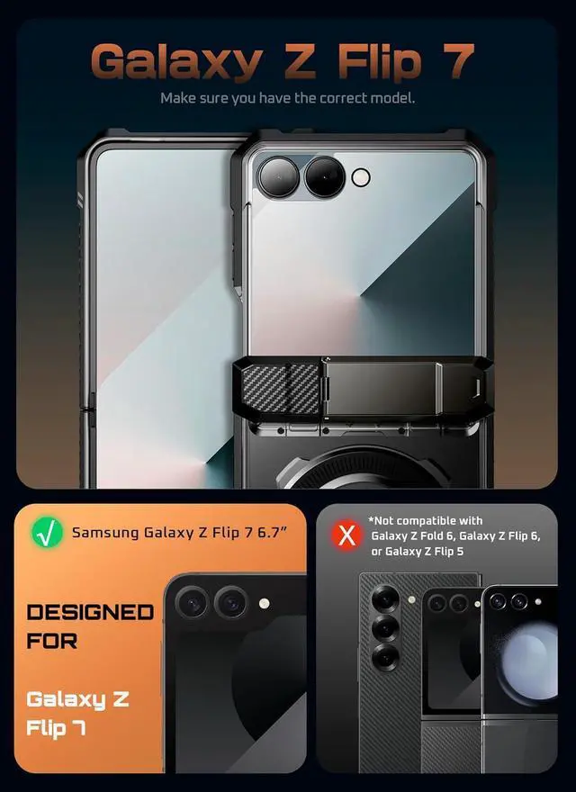 Alt view image 2 of 7 - for  Galaxy Z Flip 7 Case with Stand & Front Screen Protector (Unicorn Beetle Grip) [Support MagSafe] [Hinge Protection] Full Body Military-Grade Translucent Back Phone Cover Black