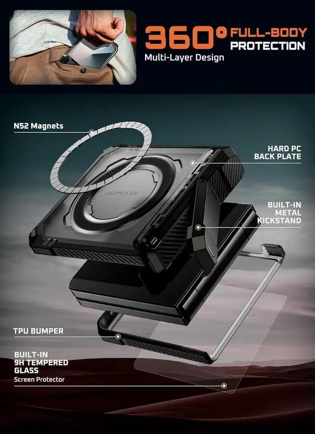 Alt view image 7 of 7 - for  Galaxy Z Flip 7 Case with Stand & Front Screen Protector (Unicorn Beetle Grip) [Support MagSafe] [Hinge Protection] Full Body Military-Grade Translucent Back Phone Cover Black