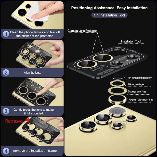 Alt view image 6 of 6 - for  Galaxy S24 Ultra Camera Lens Protector Ultra Thin Scratch Resistant 9H Tempered Glass with Aluminum Metal Circle Camera Screen Protector Cover Accessories Yellow