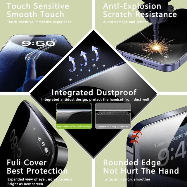 Alt view image 5 of 7 - (2-Pack Matte Privacy Anti-Spy Screen Protector for iPhone 15 Pro (6.1-Inch) 9H Tempered Glass Anti-Glare Full Coverage Anti-Fingerprint Auto Dust Removal Bubble-Free