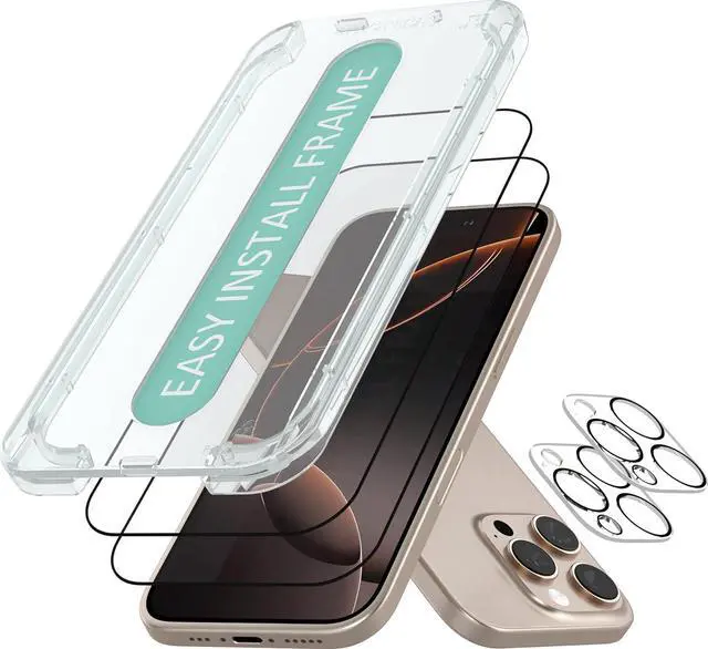 Main image of ? iPhone 16 Pro Max Screen Protector + Camera Lens Covers - Tuff Sheet - 2-Pack Tempered Glass 9H Easy Install Frame Case-Friendly - Dynamic Island for  iPhone 16 Pro Max - Clear 2-Pack