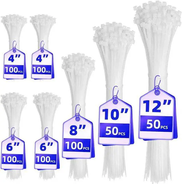 Main image of Cable Zip Ties 600 Piece Self-Locking Nylon CableTies Assorted Sizes 4+6+8+10+12-Inch Multi-Purpose Wire Management Plastic Ties Perfect for Home Garden Office Travel and Workshop.White
