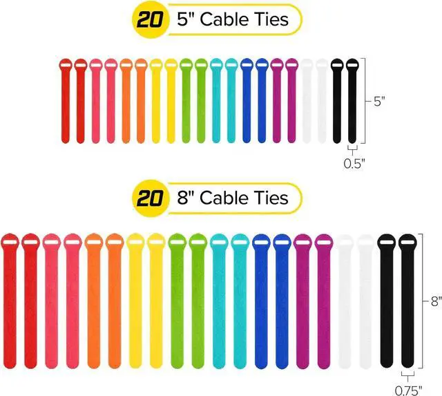 Alt view image 4 of 7 - Self-Gripping Cable Ties by Multi-Color 40 Pack (5 Inch and 8 Inch Straps)  Reusable Hook and Loop Cord Keeper Cable Wrappers for Cord Management and Home Office Desk Organization