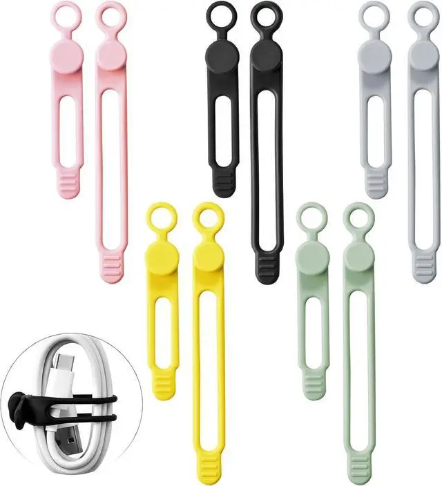 Main image of 10Pcs Reusable Silicone Cable Ties  Adjustable Cord Organizer with Locking Buckle Elastic Cable Straps for Earphones Chargers PC Wires  Colorful Wire Wraps for Home Office Travel