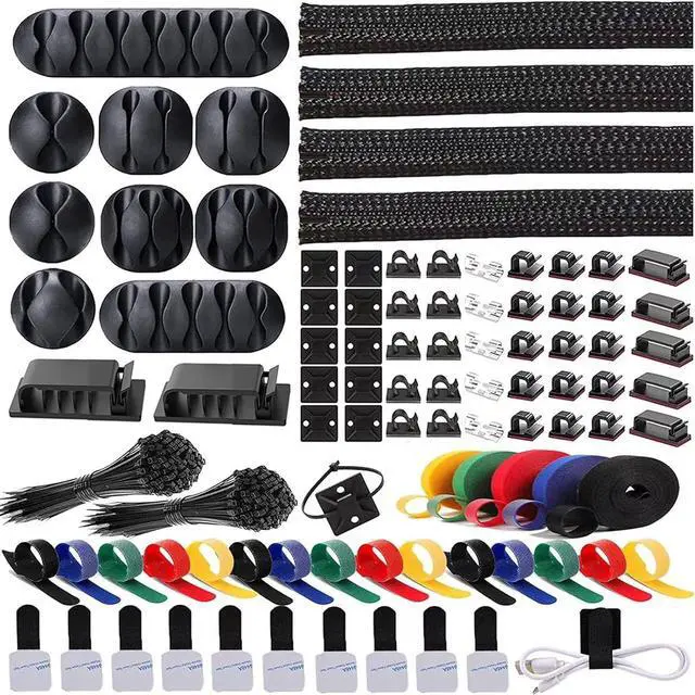 Main image of 300PCS Cable Management Kit 4 Cable Sleeve 35 Cable Clips with 11Cord Holders 20 Roll Cable Organizer Straps and 200 Fastening Cable Ties 20 Cable Zip Tie Mounts for Computer TV Under Desk