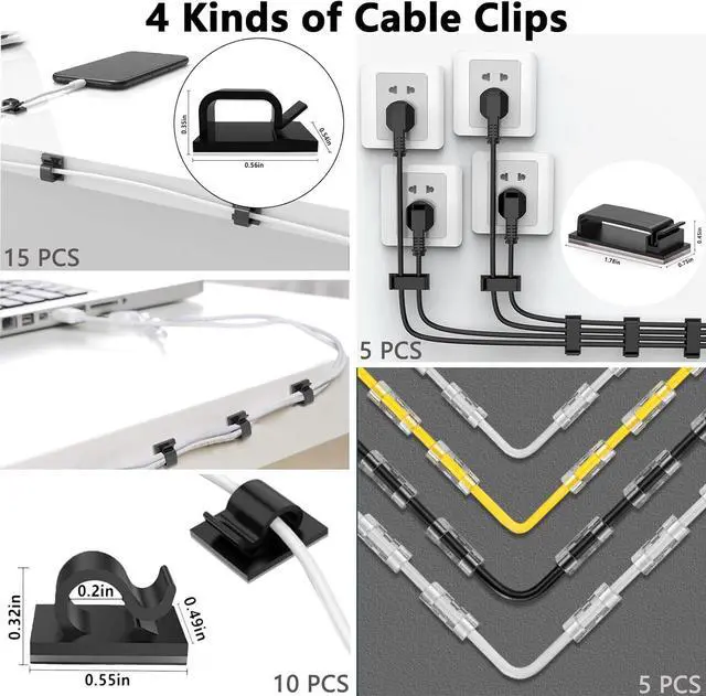 Alt view image 6 of 7 - 300PCS Cable Management Kit 4 Cable Sleeve 35 Cable Clips with 11Cord Holders 20 Roll Cable Organizer Straps and 200 Fastening Cable Ties 20 Cable Zip Tie Mounts for Computer TV Under Desk