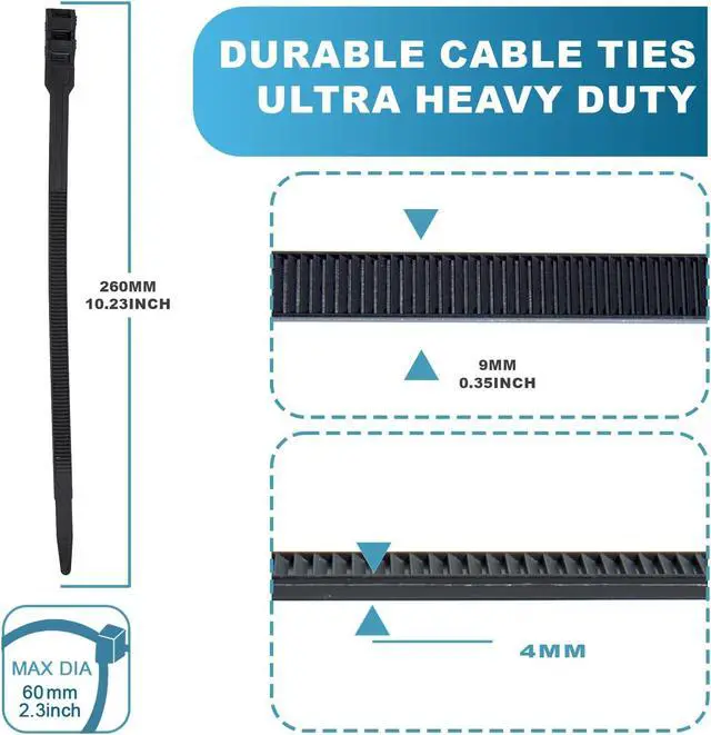Alt view image 2 of 7 - Black Electrical Cable Ties Length 260 mm Width 9 mm Heavy Duty Plastic Tie Wraps 90kg Load Capacity 100 PCS UV Resistant Zip Ties for Cable Management Outdoor Use and DIY Projects
