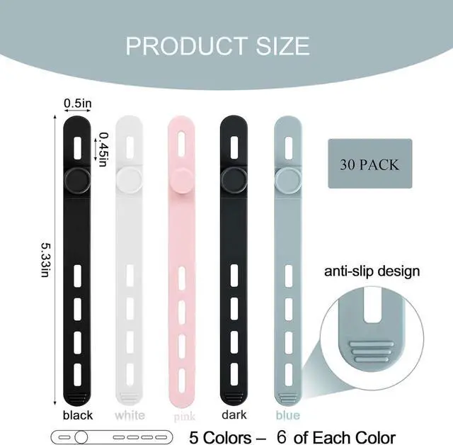 Alt view image 2 of 7 - 30Pcs Silicone Cable Ties Reusable Cord Organizer for Electronics Adjustable Fastening Cable Straps Wire Organizer High Elasticity Cord Wraps for Fastening Earphone Charger (5 Colors)