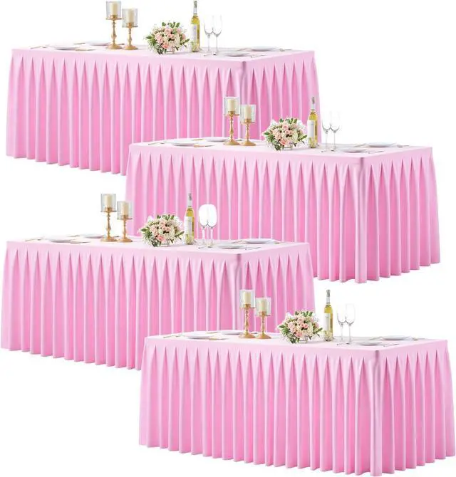 Main image of Table Skirts for Rectangle Tables 6ft 4 Pack Pink Table Covers for 6 Foot Tables Wrinkle Free Stretch Table Cloths with Pleated Skirt Fabric for Banquet Party Wedding