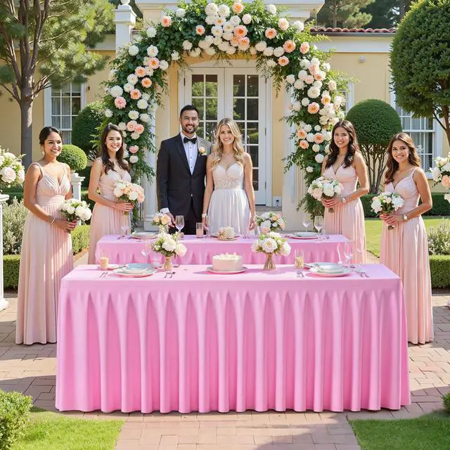 Alt view image 2 of 7 - Table Skirts for Rectangle Tables 6ft 4 Pack Pink Table Covers for 6 Foot Tables Wrinkle Free Stretch Table Cloths with Pleated Skirt Fabric for Banquet Party Wedding