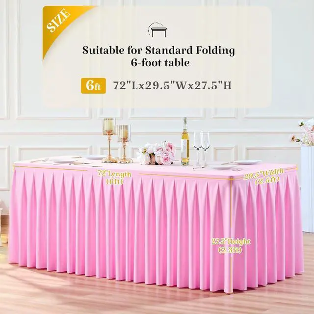 Alt view image 3 of 7 - Table Skirts for Rectangle Tables 6ft 4 Pack Pink Table Covers for 6 Foot Tables Wrinkle Free Stretch Table Cloths with Pleated Skirt Fabric for Banquet Party Wedding