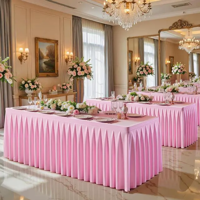 Alt view image 4 of 7 - Table Skirts for Rectangle Tables 6ft 4 Pack Pink Table Covers for 6 Foot Tables Wrinkle Free Stretch Table Cloths with Pleated Skirt Fabric for Banquet Party Wedding