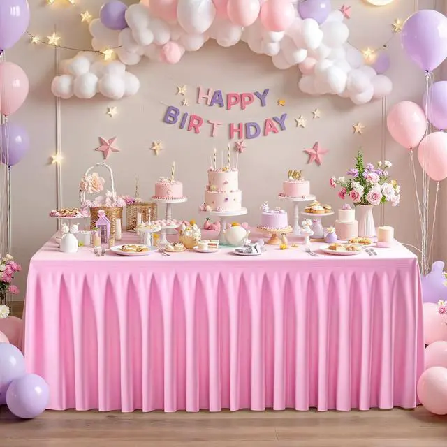Alt view image 5 of 7 - Table Skirts for Rectangle Tables 6ft 4 Pack Pink Table Covers for 6 Foot Tables Wrinkle Free Stretch Table Cloths with Pleated Skirt Fabric for Banquet Party Wedding