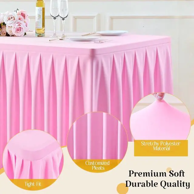 Alt view image 6 of 7 - Table Skirts for Rectangle Tables 6ft 4 Pack Pink Table Covers for 6 Foot Tables Wrinkle Free Stretch Table Cloths with Pleated Skirt Fabric for Banquet Party Wedding