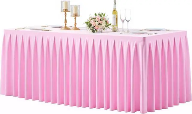 Alt view image 7 of 7 - Table Skirts for Rectangle Tables 6ft 4 Pack Pink Table Covers for 6 Foot Tables Wrinkle Free Stretch Table Cloths with Pleated Skirt Fabric for Banquet Party Wedding