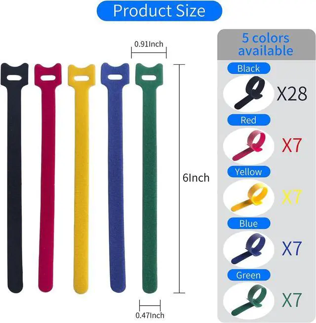 Alt view image 2 of 6 - 56PCS 6 Inches Cable Ties Reusable Multi-Colour Cord Straps Multi-Purpose Wire Ties Cord Wrap Hook and Loop Organizer Adjustable Cable Management 5 Colors (28 black 7 red 7 yellow 7 blue 7 green)